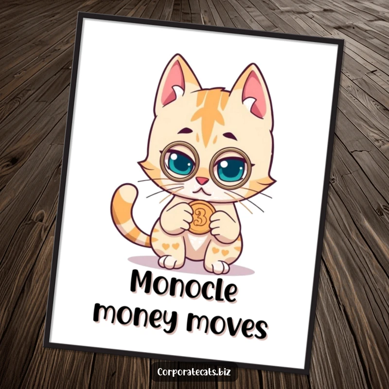 Funny digital art print of a mischievous cat wearing a monocle, examining a coin, perfect for adding intrigue and humor to decor.