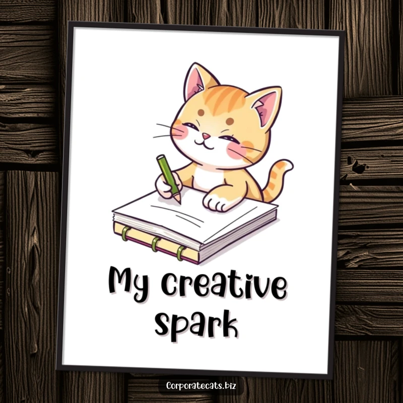Funny digital art print of a creative cat sketching in a notepad, offering instant artistic humor for your walls.