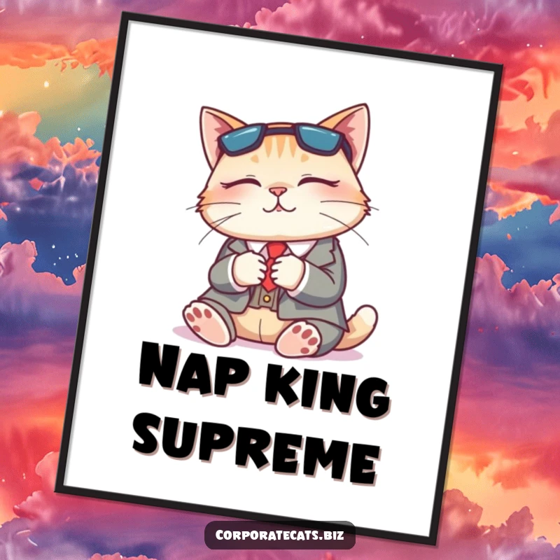 Funny digital art print of a content cat in a tiny business suit peacefully napping, radiating serene humor.