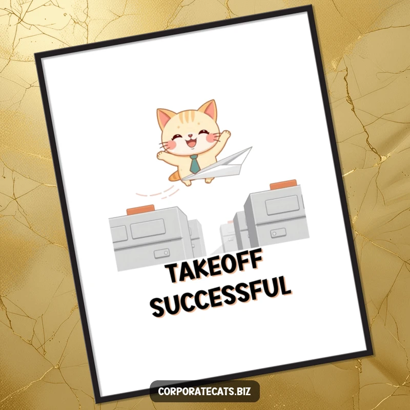Funny digital art print of a joyful cat wearing a small tie, soaring on a paper airplane, perfect for whimsical wall decor.