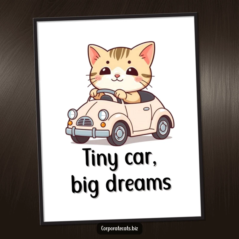 Funny digital art of a cute cat character driving a tiny toy car. High-resolution, humorous, and instantly downloadable.
