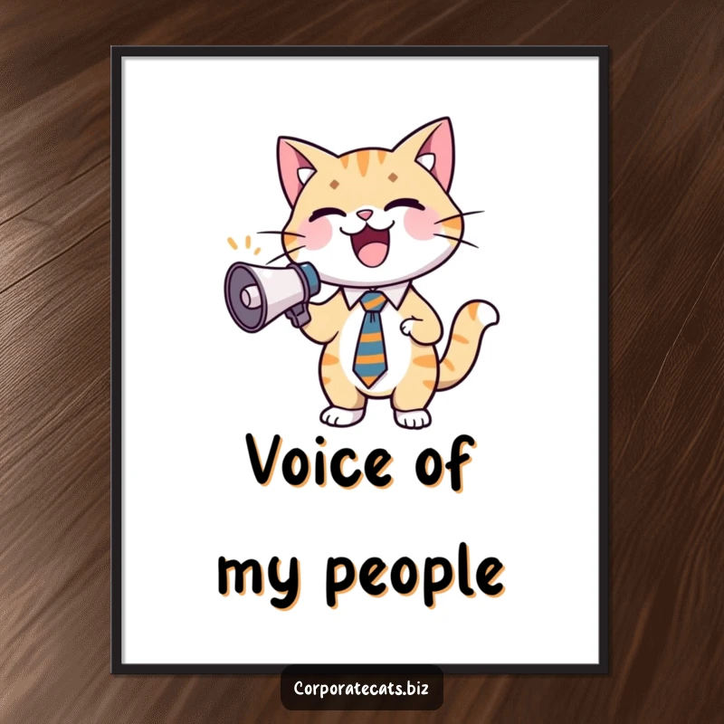 Funny cat digital art print of an excited businessman cat in a tie, holding a small megaphone, ready to inspire.
