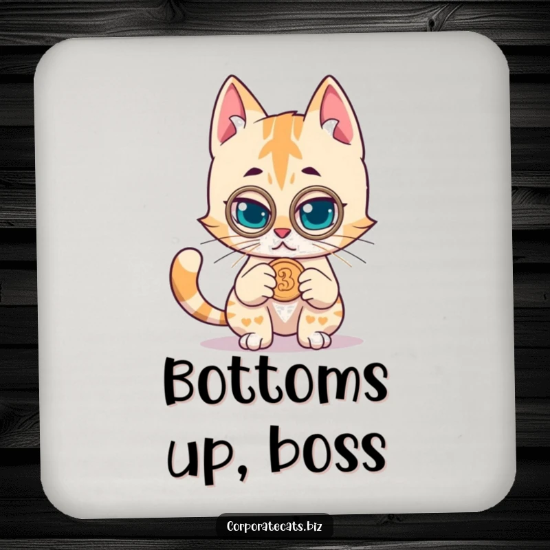 Funny coaster featuring a mischievous cat with a monocle examining a coin, adding a touch of vigilant humor to any table.