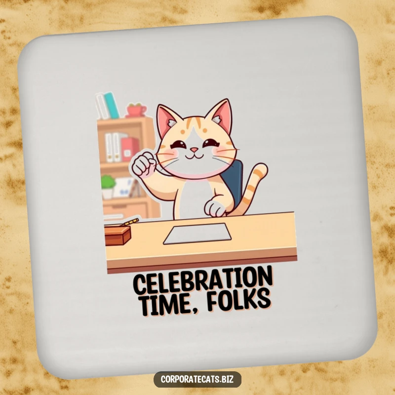 Funny cat performing a fist pump at a desk design on a drink coaster, offering humorous surface protection.