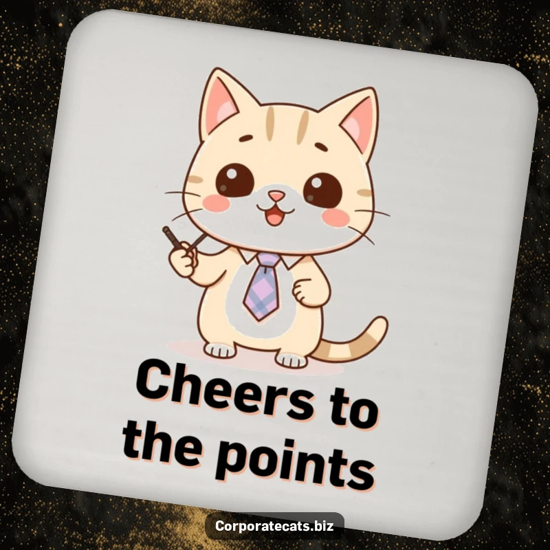 Funny cat coaster featuring a cute cat character wearing a tiny tie, giving a presentation.