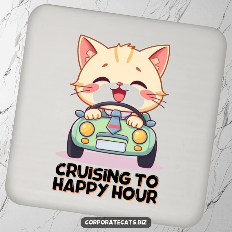 Funny cat wearing a necktie, driving a miniature car, this coaster set protects surfaces with automotive humor, perfect funny gift.