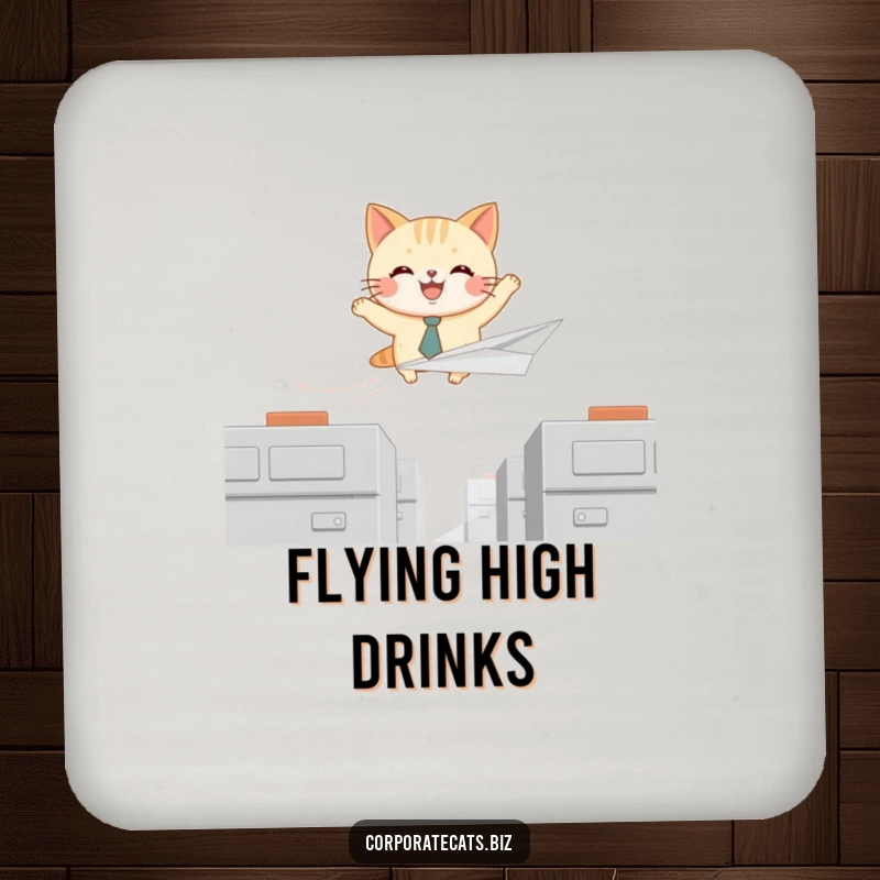 Funny drink coasters depicting a joyful cat with a tiny tie, soaring on a paper airplane, offering humorous protection for tables.