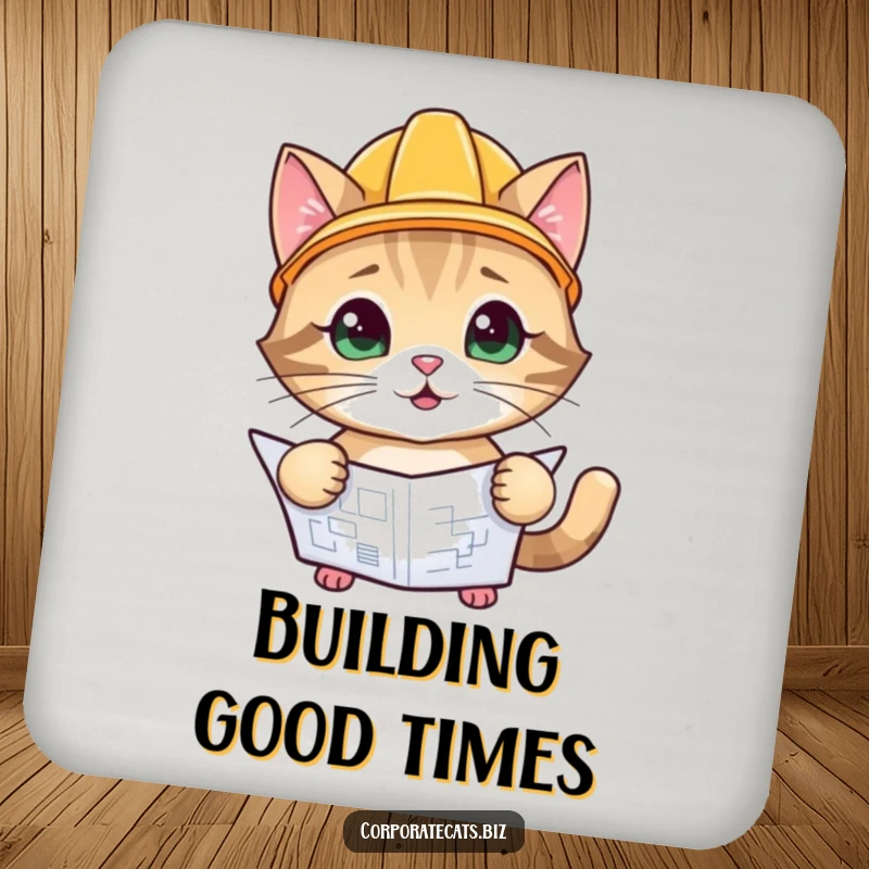 Funny Builder Cat Coaster: a playful cat character in a hard hat, inspecting a blueprint, perfect for drinks.