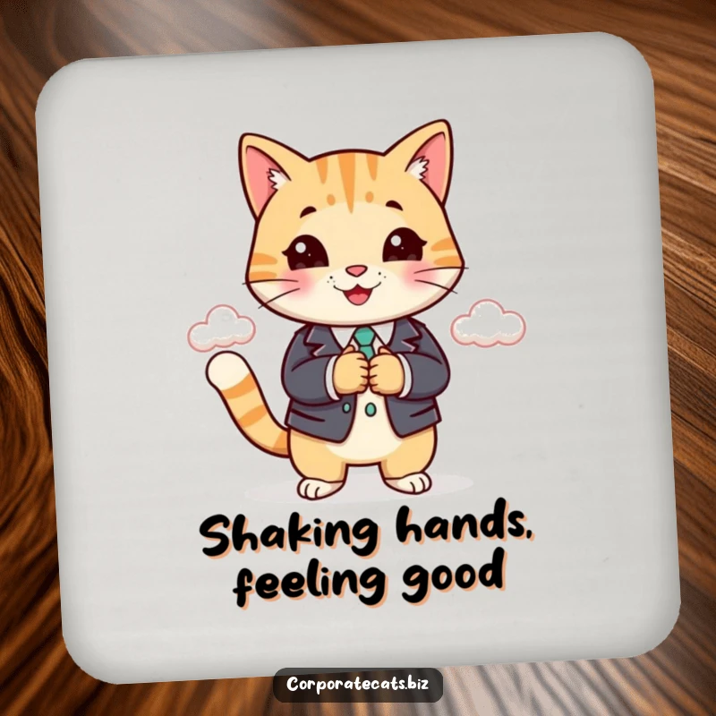 Funny business cat in a suit shaking hands with a cloud, protecting surfaces with style. A fantastic funny gift.