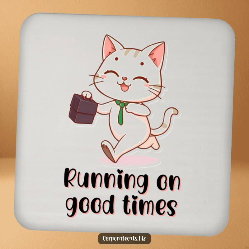 Playful cat holding a briefcase, running with a smile, featured on a protective drink coaster.