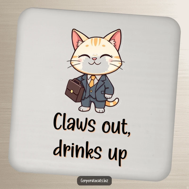 Funny cat coaster featuring a smiling cat character in a miniature business suit holding a briefcase.