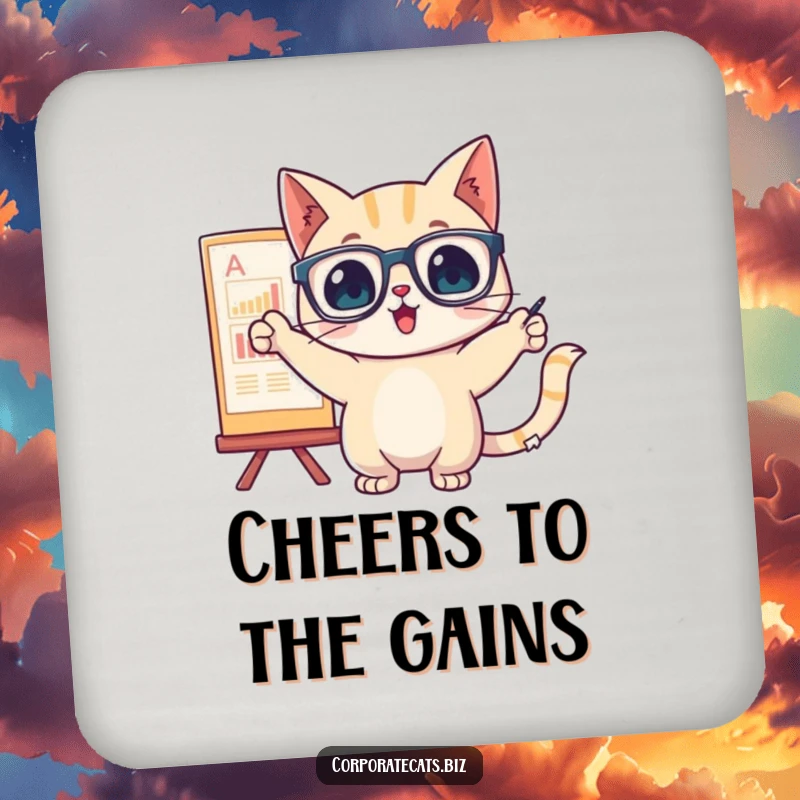 Funny cat with glasses pointing at a chart design on a drink coaster, offering humorous surface protection.
