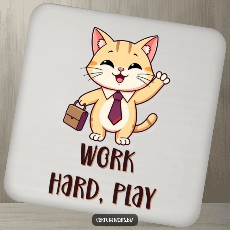 Funny cat desk coaster showing a smiling cat in a tie holding a small briefcase, protecting surfaces.