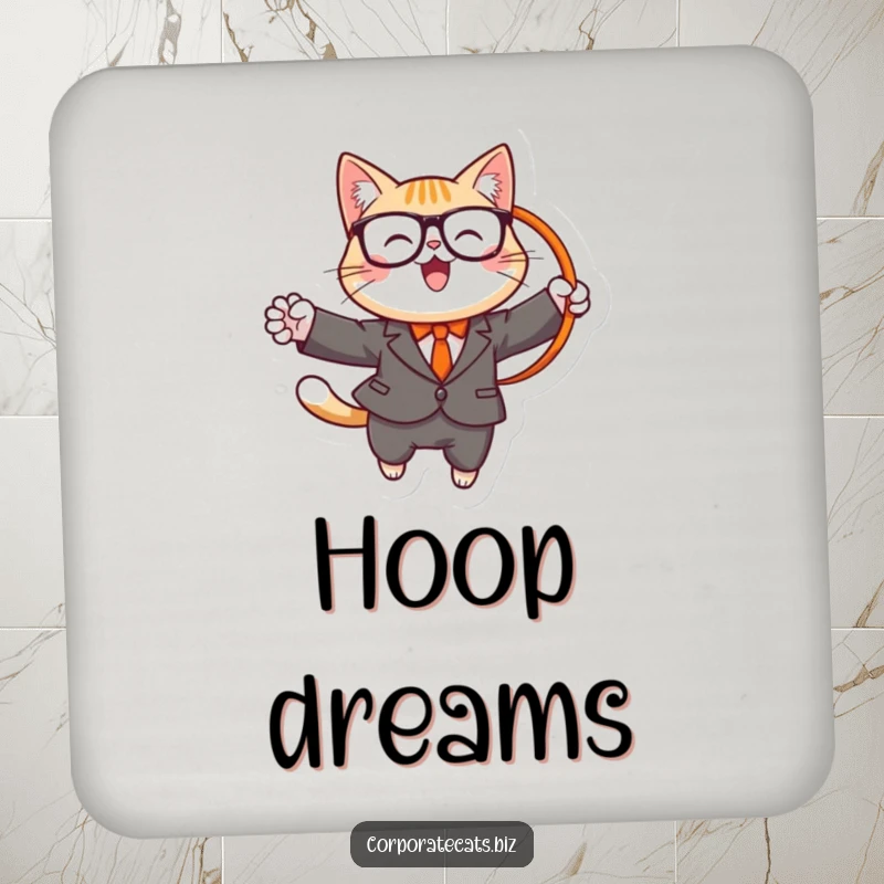 Funny drink coaster featuring a cheerful cat in a suit and glasses, jumping through a hoop, protecting surfaces with showmanship humor.