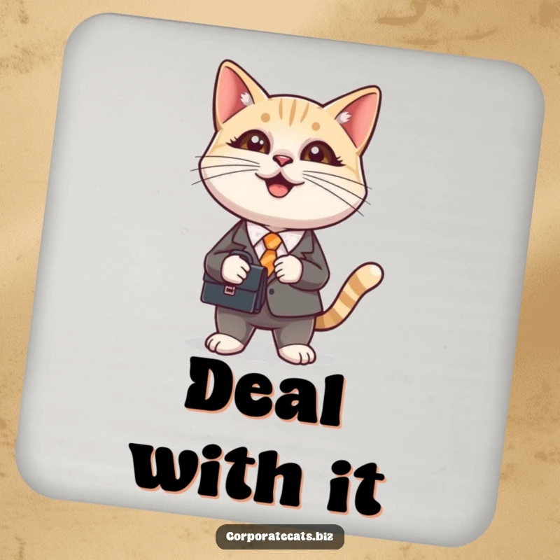 Funny drink coaster featuring a cat in a tiny business suit with a briefcase, preventing spills and adding feline humor.