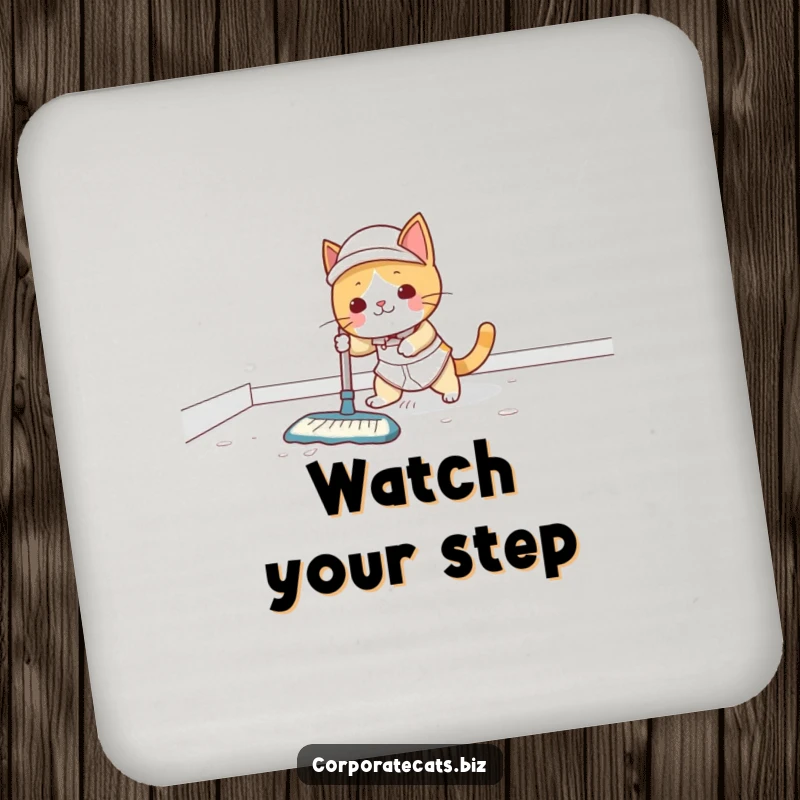 Funny Coaster: A cat janitor slips on a wet floor, with the spill pattern illustrating the slippery path. Protects surfaces.