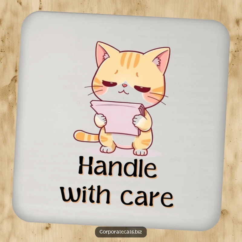 Funny coaster set showing a shy cat holding a pile of papers, bringing relatable office humor to any flat surface.