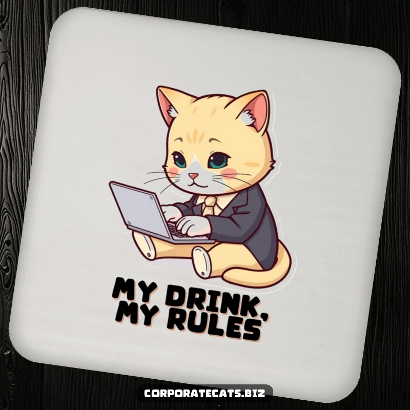 Funny cat in a suit typing on a laptop design on a drink coaster, offering humorous surface protection.