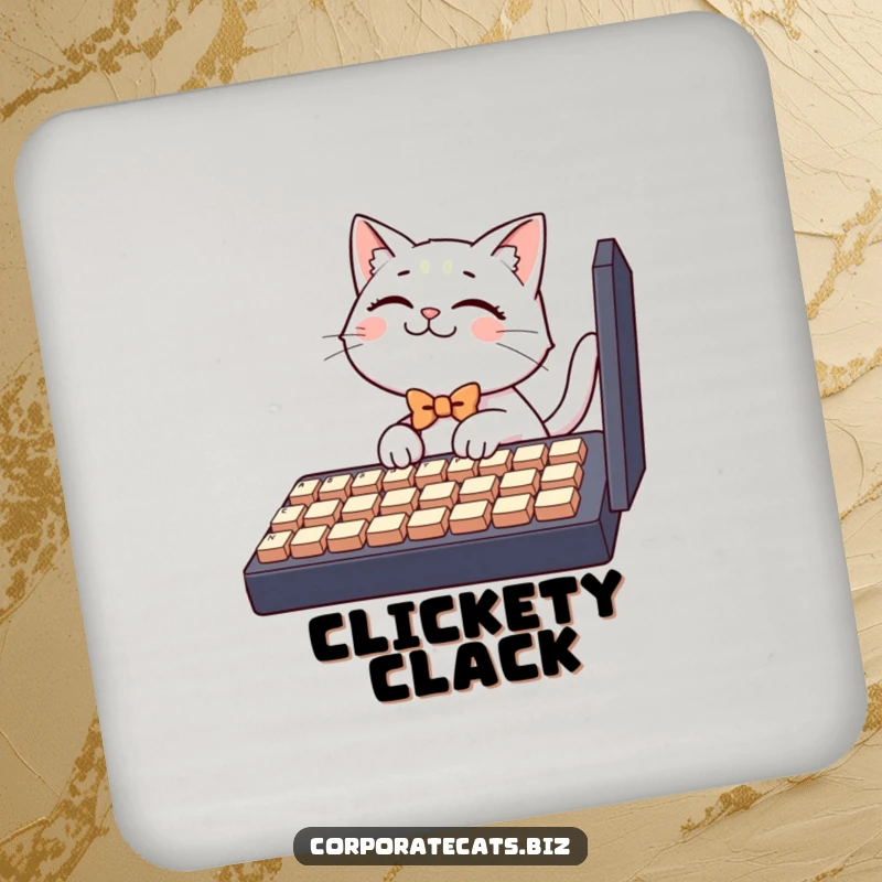 Funny coaster design, a giggling cat character with a bowtie attempts to type on a large keyboard, perfect for tech enthusiasts.