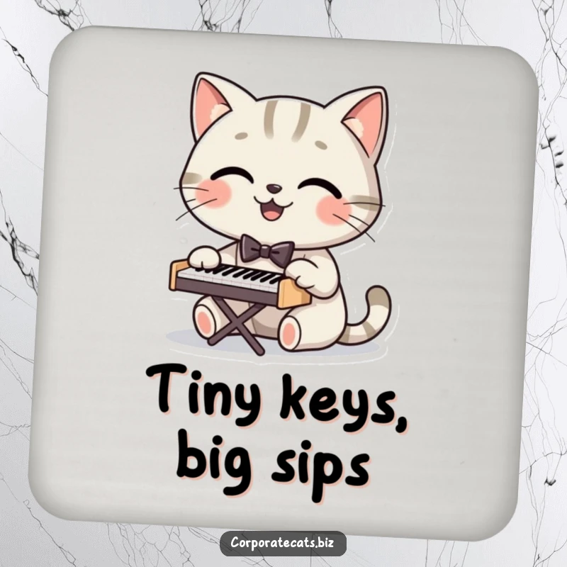Funny coaster featuring a smiling cat in a bowtie playing a tiny piano, a charming and humorous accessory for any table.
