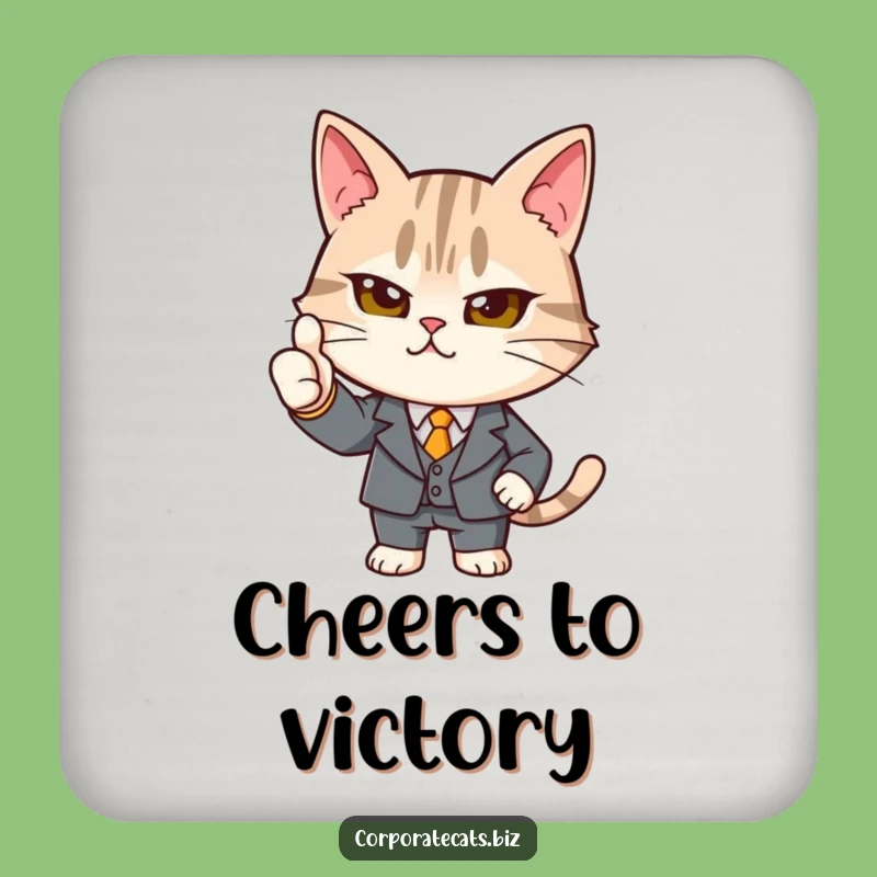 Funny Determined Cat Suit Thumbs-Up Coaster: Tabletop Professionalism & Feline Humor