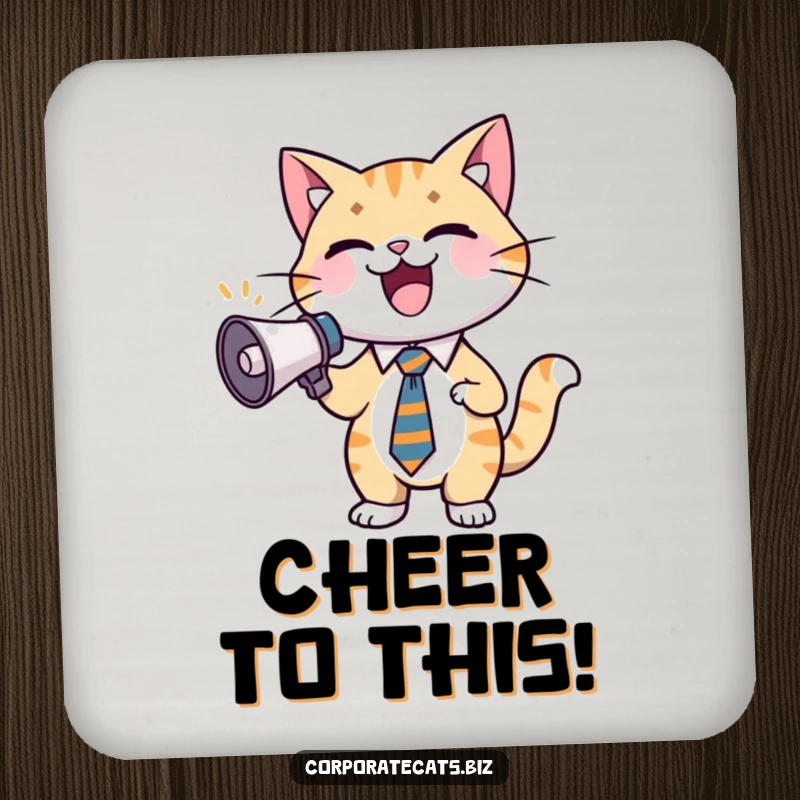 Funny cat coaster showing a cat in a tie, holding a tiny megaphone, designed to protect tables from drink rings.
