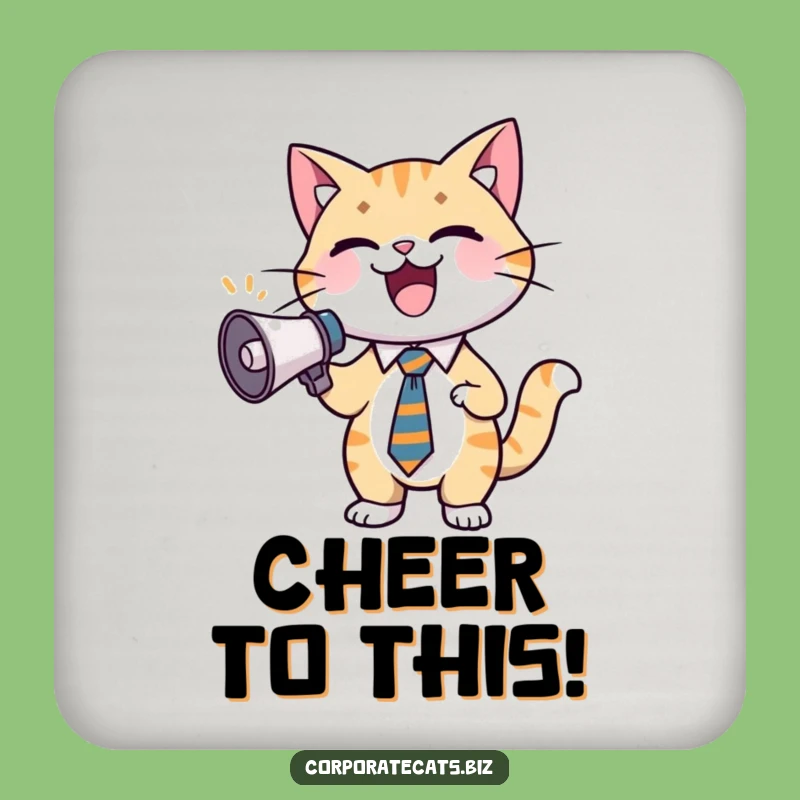 Funny Excited Cat Coaster: Cheerful Feline in Tie with Megaphone, Protects Surfaces Funny Gift!