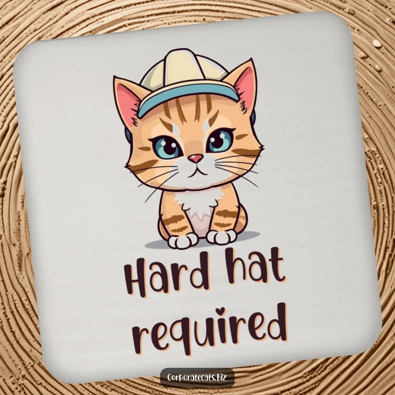 Funny drink coaster featuring a determined cat wearing a hard hat, protecting surfaces with construction-themed feline humor.