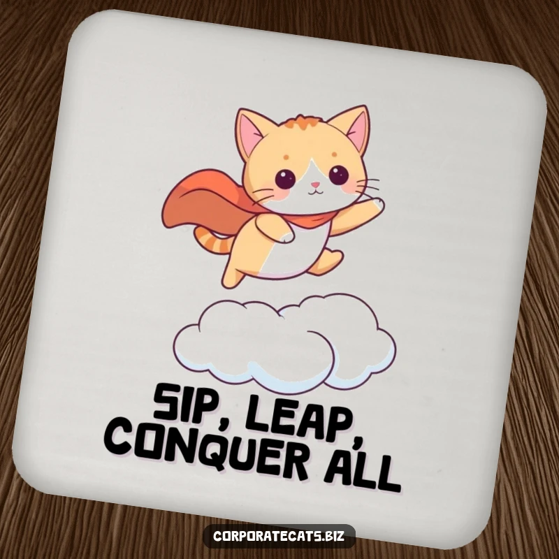 Funny cat in a cape leaping between clouds, a heroic coaster set. A fantastic funny gift.