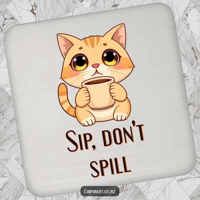 Funny drink coasters featuring a surprised cat with wide eyes and a coffee cup, protecting tables with a humorous touch.