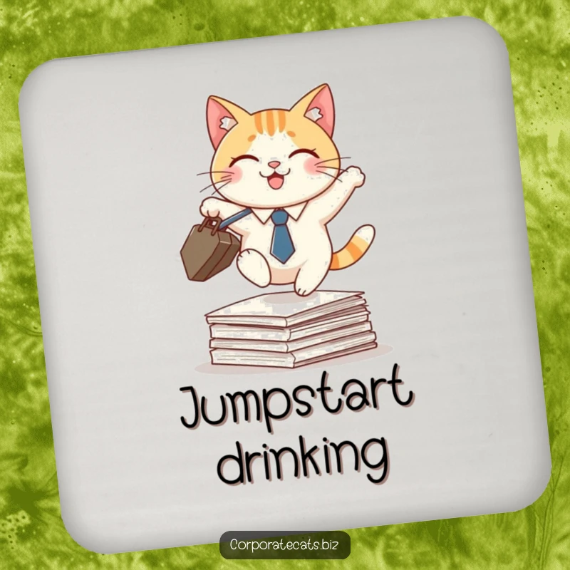 Funny drink coaster featuring a smiling cat in a tie, holding a briefcase, leaping over papers, protecting surfaces with humor.