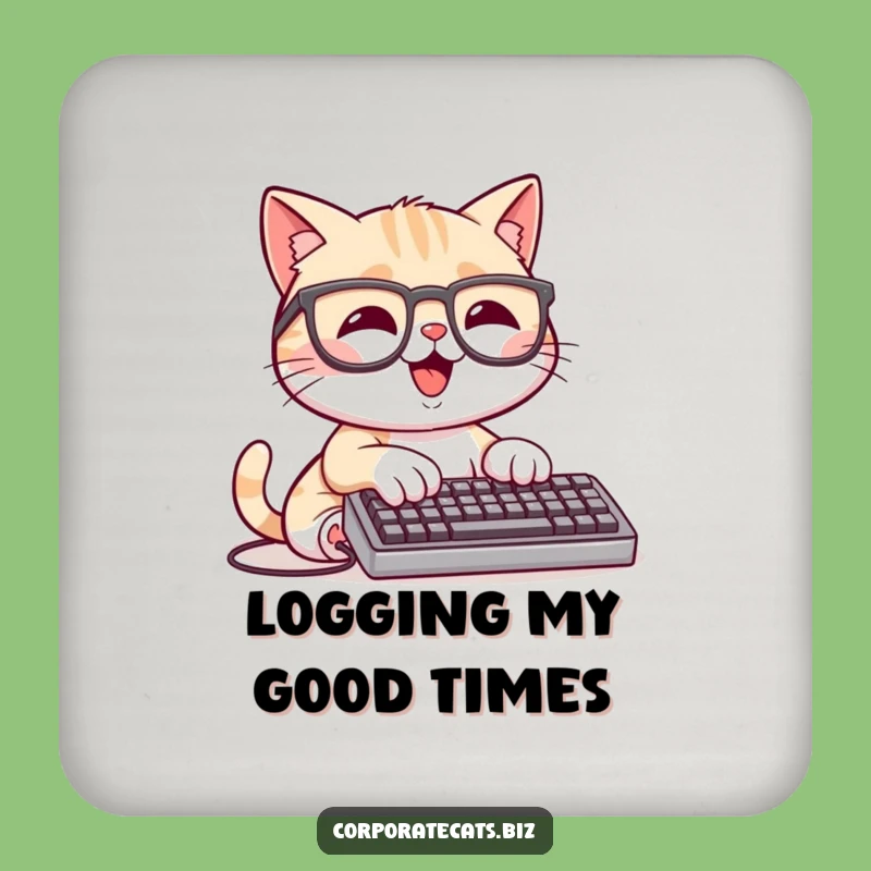 Funny Techie Cat Coaster Set: Happy Cat Typing, Protect Surfaces, Funny Gift