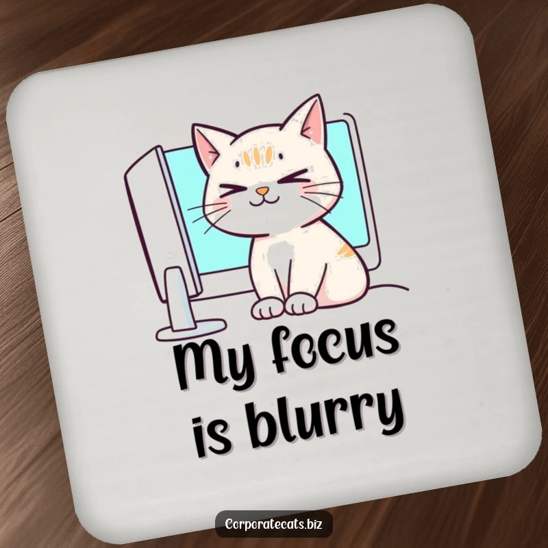 Funny crossed-eyed cat coaster, comically unfocused, protecting surfaces with a humorous touch.