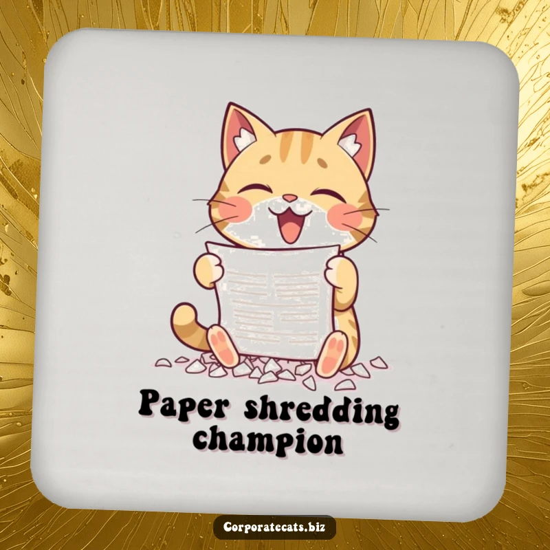 Funny drink coaster with a cat gleefully shredding a document with its paws, protecting surfaces with a humorous statement.