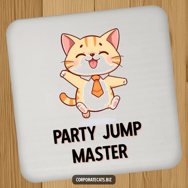 Funny drink coaster featuring a playful cat wearing a tie, caught mid-jump, adding energetic feline humor while protecting surfaces.
