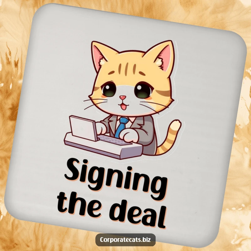 Funny cat in a suit and tie typing on a keyboard, featured on a protective drink coaster.