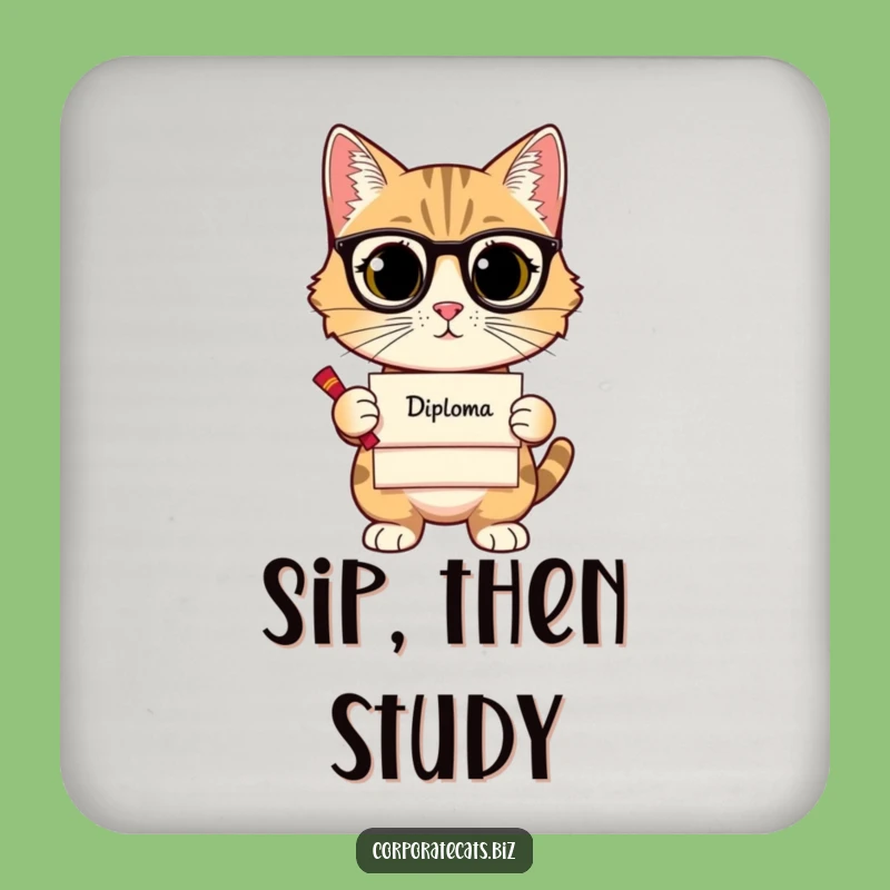 Funny Sophisticated Cat Coaster Set - Educated Feline Drink Protector - Hilarious Graduate Gift
