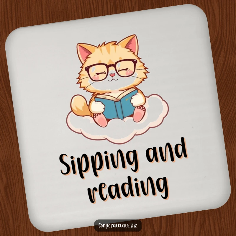 Funny Cat Drink Coasters: A fluffy cat with glasses reads on a cloud, protecting surfaces with quiet humor.