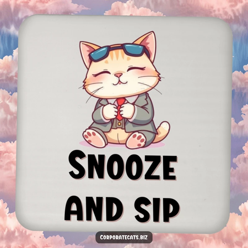 Funny drink coaster featuring a napping cat in a business suit, adding peaceful feline humor while protecting surfaces.