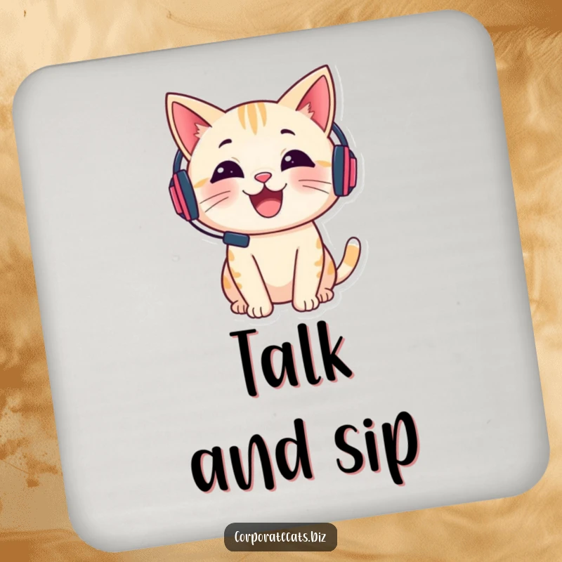 Funny drink coaster with a cheerful cat wearing a tiny headset and talking, protecting surfaces with humor.