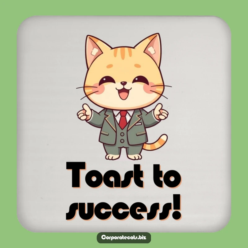 Funny Business Cat Coaster: Joyful Feline in Suit Presenting, Protects Surfaces Funny Gift!