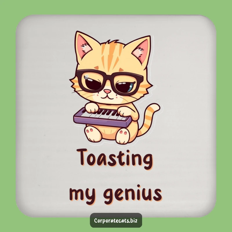 Funny Mischievous Cat Coaster: Nerdy Feline in Glasses Playing Keyboard, Protects Surfaces Funny Gift!