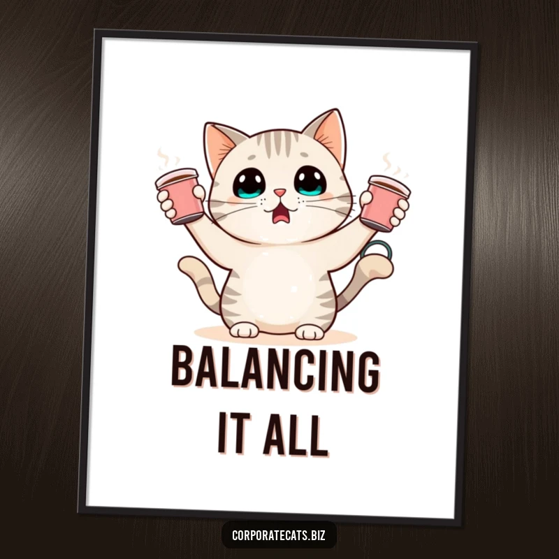 Funny poster art of a wide-eyed cat character precariously juggling tiny coffee cups. Humorous and eye-catching wall decor.
