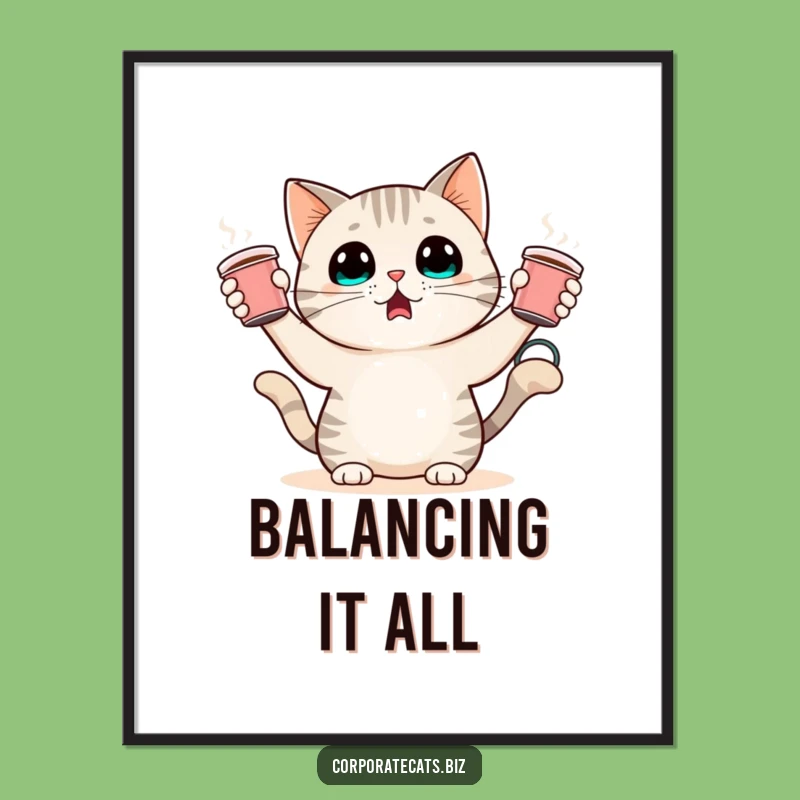 Funny Surprised Cat Poster: Juggling Coffee Cups Art, Hilarious Wall Decor for Cat Lovers