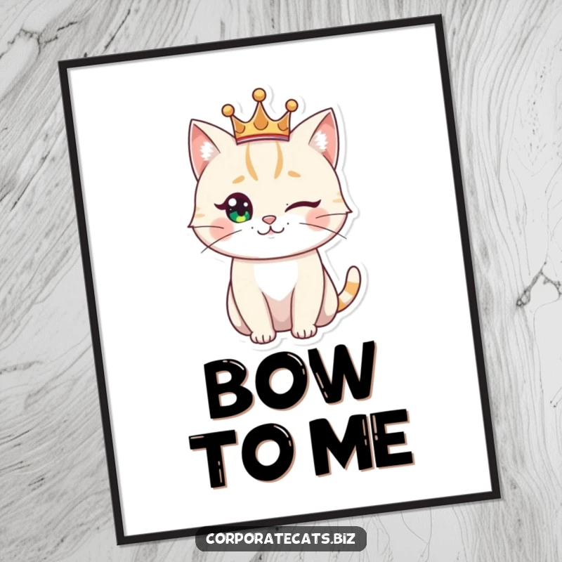 Funny regal cat poster, a winking feline wearing a small crown, exuding charm and playful royalty on your wall.