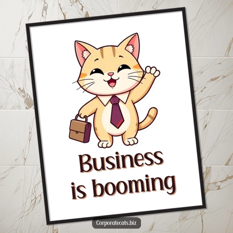 Funny cat executive poster featuring a smiling cat in a tie waving a briefcase, symbolizing ambition and success.