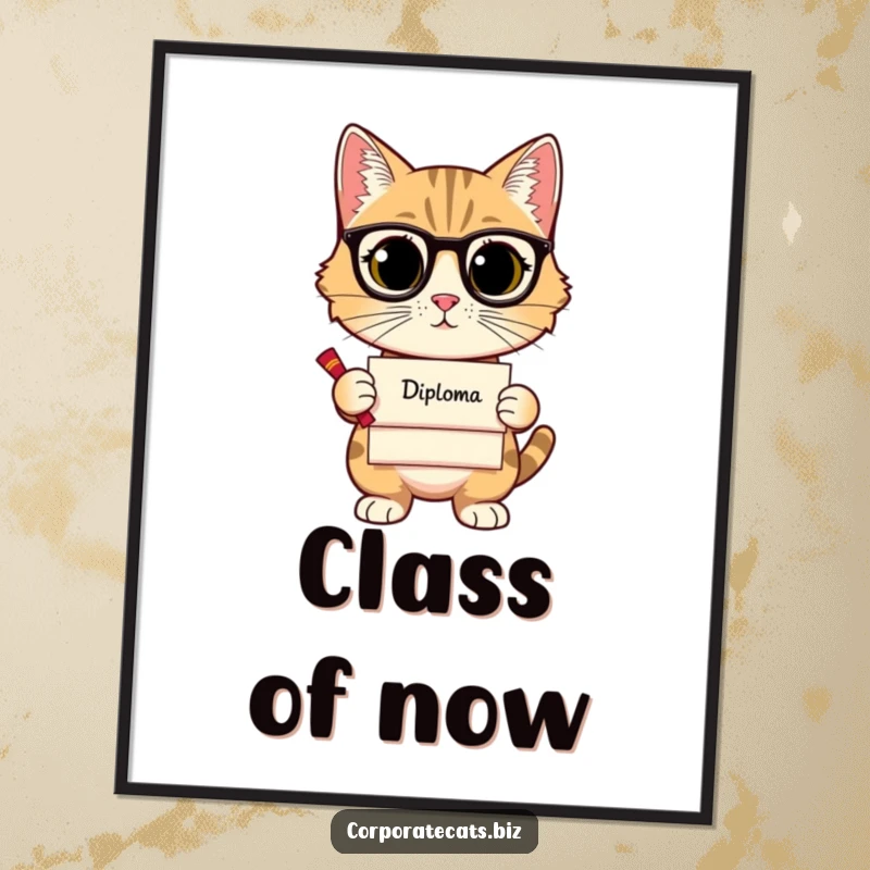 Funny poster of a sophisticated cat holding a diploma, adding an elegant and humorous touch to any room's decor.