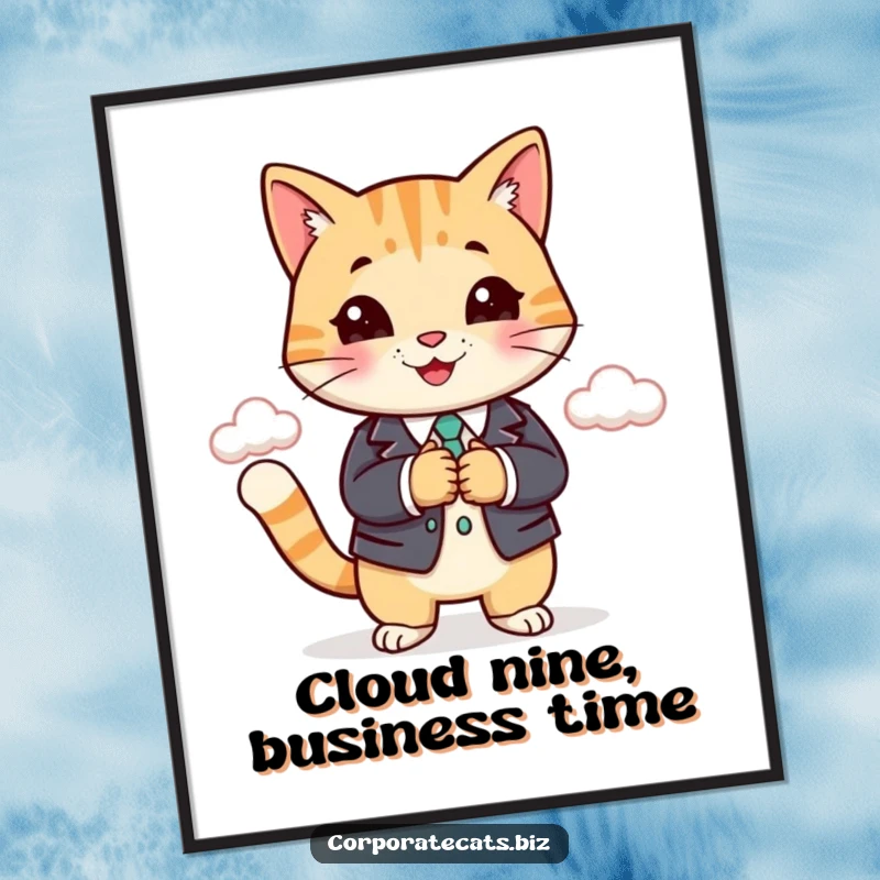 Funny cat in a business suit shaking hands with a cloud, a whimsical office art piece. A fantastic funny gift.