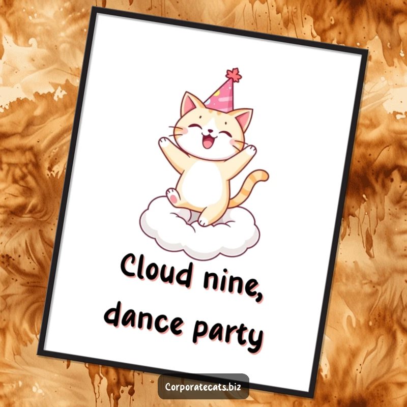 Funny cat in a party hat dancing on a cloud, radiating joy and celebration. A great funny gift.