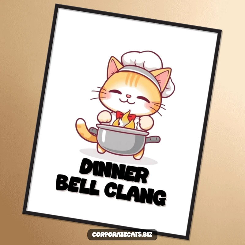 Funny Poster: A cat chef in a tiny chef hat drops a pot with a loud clang, scattering food comically.